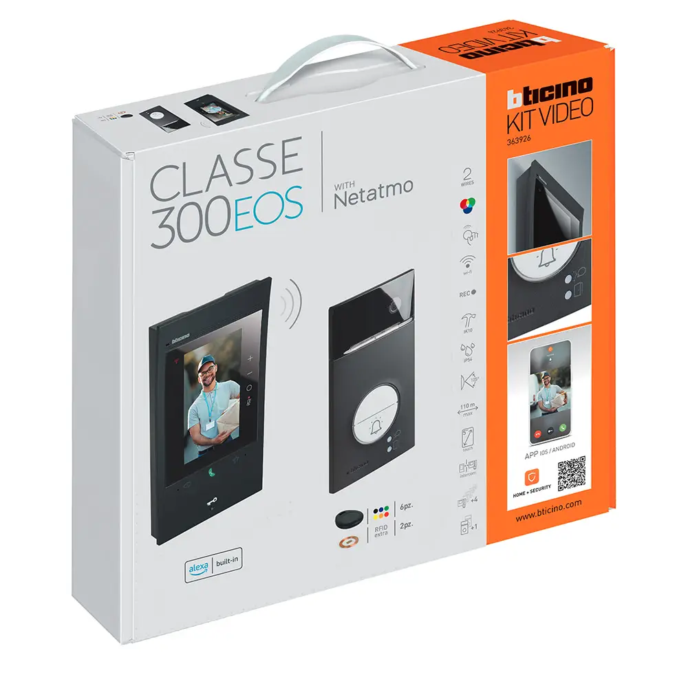 Kit BTicino Videoporteiro Unifamiliar Conectado Wi-Fi – Série Linea 3000 Black & Monitor Classe 300EOS Preto com Alexa (363926)